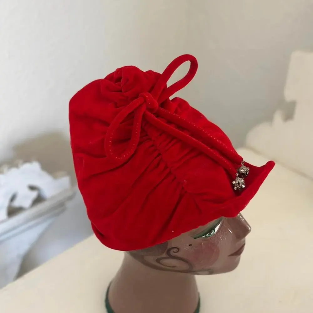 Debette New York Red Velvet Drawstring Turban Hat 1950s Silver Floral Tips - Picture 2 of 4